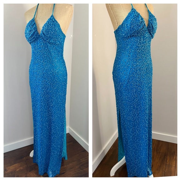 Scala Turquoise Blue Beaded Halter Neck Double Split Formal Gown - Picture 4 of 16